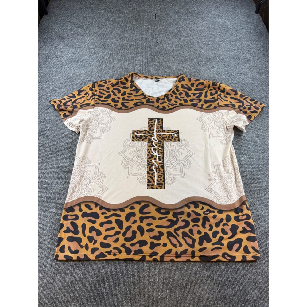 Womens Leopard Print Faith Cross Mandala V-Neck Short Sleeve Top Brown 5XL